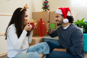 Fototapeta premium Profile view of a happy couple celebrating first christmas in new home