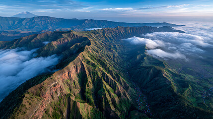 Top-down aerial view of serene Bromo Volcano landscape with Dawn mist rolling ov