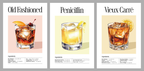 Set of three watercolor cocktail posters Old Fashioned, Penicillin, Vieux Carré with ingredients list, vintage bar wall art, whiskey drink recipe prints, kitchen decor, mixology illustration series