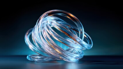 An abstract glass sculpture intertwined with light reflections, creating a captivating visual effect that embodies modern artistry and the beauty of transparent materials.