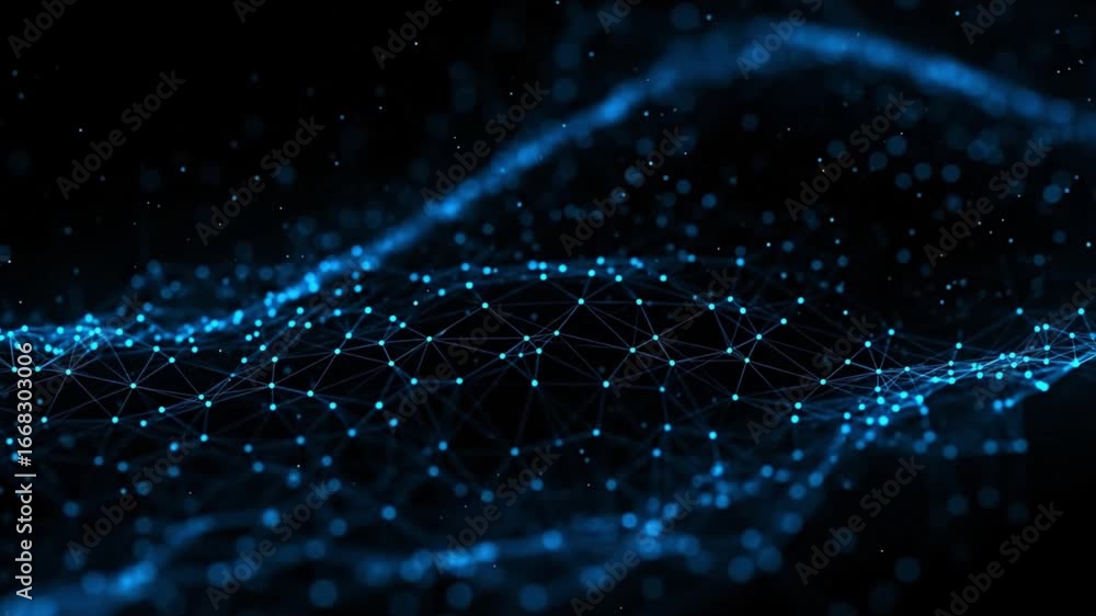 Poster blue glowing network of points connected by lines on a dark background creating a futuristic digital