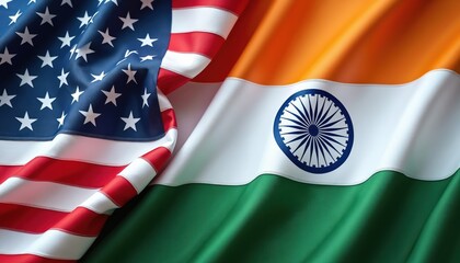 American, Indian flags flow together, international cooperation, partnership. Vibrant national symbols represent unity, diplomacy, economic relations between two countries. Image suggests global