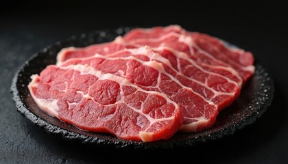 Fototapeta premium Premium Wagyu beef slices arranged on black plate. Richly marbled red meat, raw cut for exquisite dining. High quality protein ingredient for gourmet dishes, cooking, butchery, steakhouses.