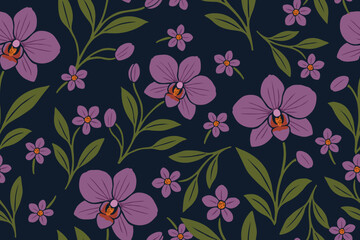 Seamless floral pattern with purple orchids and small blossoms on a dark background, decorated with green leaves, perfect for fabric, wallpaper, and design.