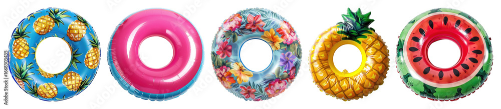 Poster png colorful inflatable pool floats, element set on transparent background