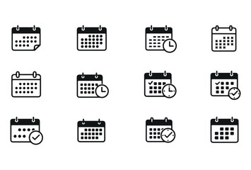 Calendar icon set in black and white minimalist style. Includes various calendar symbols with dates, clocks, and check marks. Perfect for apps, websites, business presentations, scheduling, planning, 