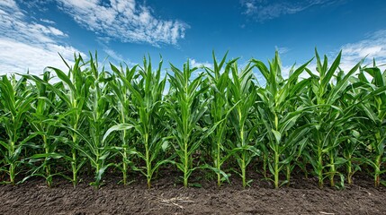 Obraz premium Lush green crop growing in soil under a blue sky. Farm field with crops in various stages of growth, vibrant green leaves contrasting the rich, brown soil.