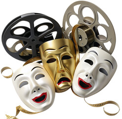 Vintage film reels and theater masks symbolizing cinema's timeless drama and comedic brilliance
