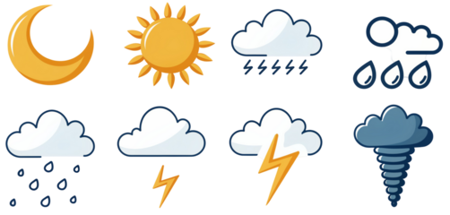 Weather icon set showcasing various weather conditions in a detailed modern graphic design style