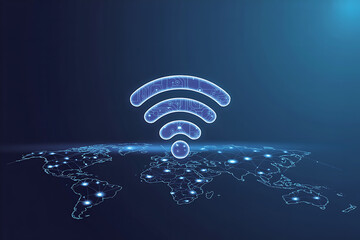 Global connectivity visualized with a glowing digital Wi-Fi symbol above a connected world map, symbolizing worldwide internet access and communication networks.