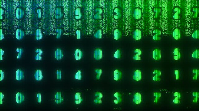 4K Matrix-style scrolling green numbers with CRT static, pixel noise and analog distortion for cyberpunk motion graphics, glitchcore data overlays, dystopian tech visuals, corrupted display effects