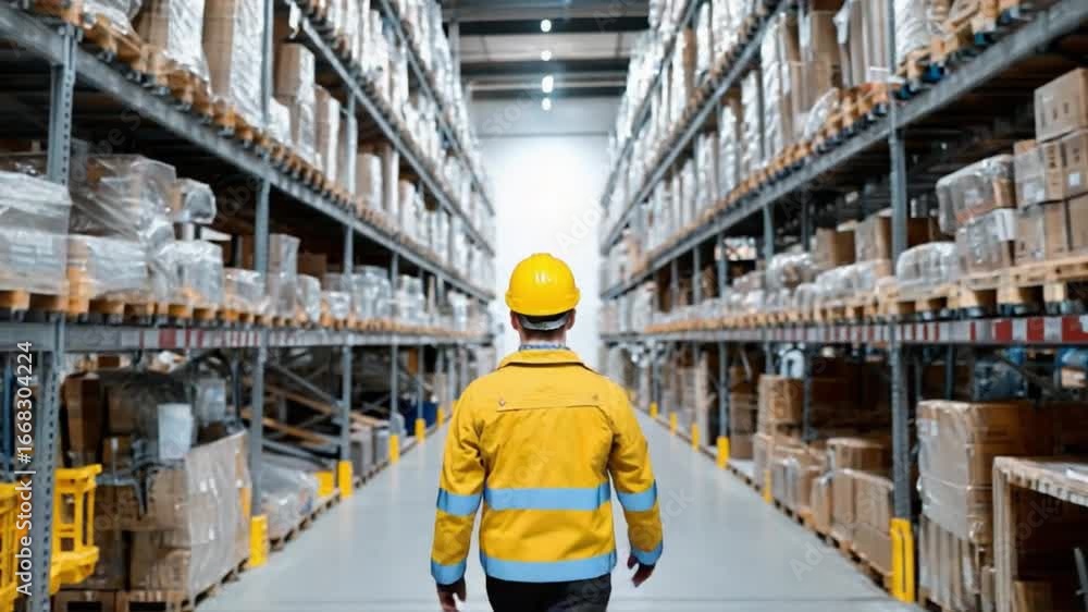 Poster warehouse work: a worker in protective gear navigates a spacious warehouse, a visual representation 