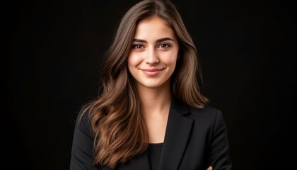 Professional businesswoman confidently posing, arms crossed, displaying leadership and success in sleek studio setting with dark background