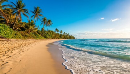 Golden sand meets crystal clear turquoise water under a vibrant blue sky, creating a serene tropical paradise perfect for relaxation and escape beach tv wallpaper background