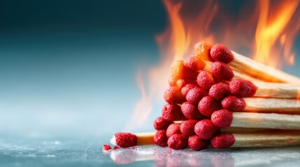 A dynamic composition showing a bundle of matches set ablaze, highlighting the element of fire and the captivating visual of flames dancing in a mesmerizing display.