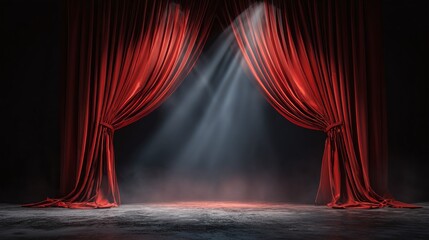 A theatrical stage is revealed with red velvet curtains dramatically lit by a spotlight, evoking a sense of anticipation and grandeur.