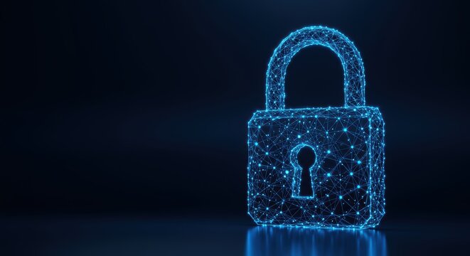 Abstract digital padlock depicts cybersecurity internet technology and data protection on a dark background