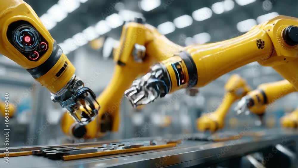Poster robotic precision in production: robotic arms work collaboratively within a manufacturing plant. the