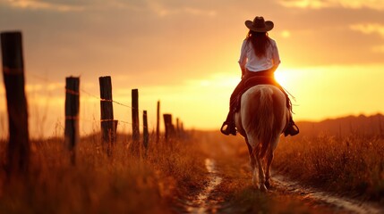 A serene image of a cowgirl riding a horse along a dirt path at sunset, capturing the essence of freedom and the beauty of rural landscapes in warm golden tones.