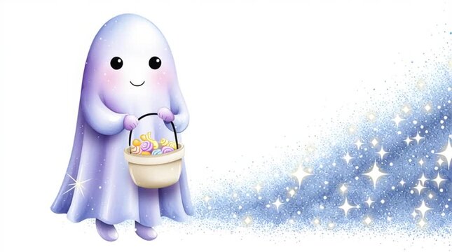 Spooky Spectre's Candy Haul: A cheerful ghost, its translucent form radiating a gentle glow, clutches a basket of candy, inviting the viewer into a realm of delight and spooky cheer.
