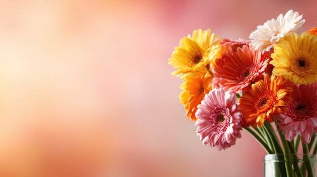 A stunning bouquet of colorful gerbera daisies arranged in a glass vase, showcasing their vibrant hues and bringing a fresh and cheerful ambiance to any setting. - Powered by Adobe