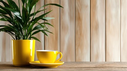 A cheerful display featuring a bright yellow pot with a green plant and a matching cup on a rustic wooden table, merging elements of nature and design in an inviting way.
