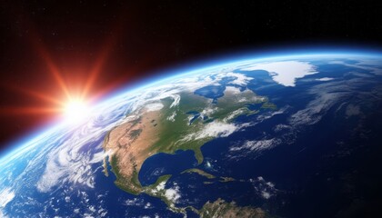 Breathtaking view of north america from space with sun rising over the horizon, showcasing united states, canada, mexico, and parts of central america tv wallpaper background