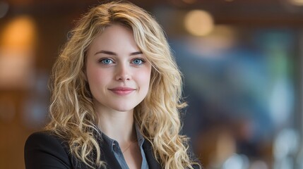 Obraz premium Blonde Woman Portrait: A smiling woman with blonde curly hair and blue eyes poses in front of a blurred backdrop. Professional and approachable.