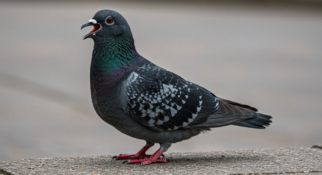 Urban pigeon with iridescent feathers coos loudly on textured concrete ledge outdoors