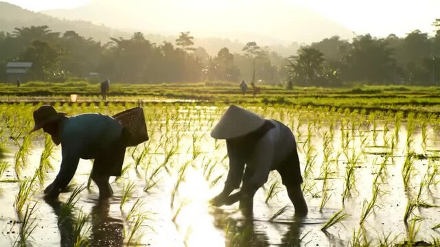 Tranquil rural scene of rice planting during the glowing sunset in a Asian landscape