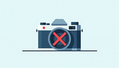 Illustration of vintage camera with red cross symbol over lens, indicating restriction prohibition. Graphic represents concepts like no photography, forbidden access, broken camera, suitable for