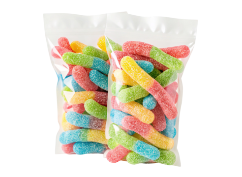 Colorful gummy worms in transparent bags packed with sugary vibrant candy for sweet tooth cravings