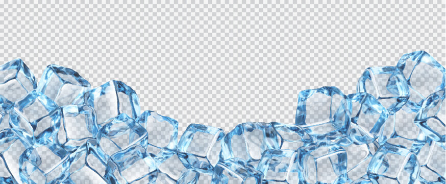 Closeup ice cubes background, crystal ice blocks. Realistic 3d vector frame, isolated border of blue transparent frozen solid water pieces of glass or ice, drink ads template with clean square lumps