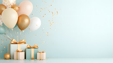 Decorative pastel balloons and birthday cake on blue background, ideal for party invitations, child celebration, or joyful event mockups.