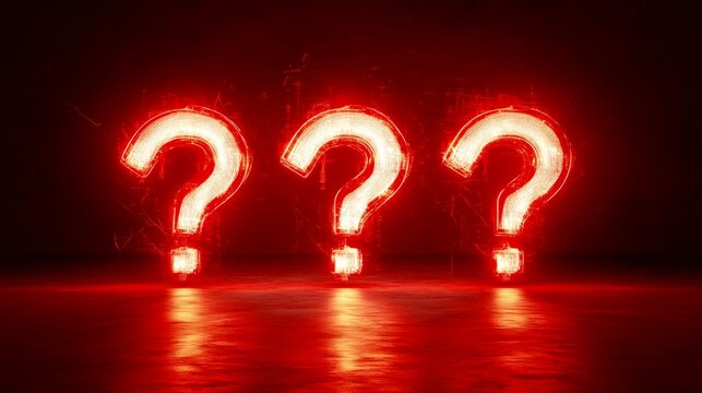 Red glowing question marks row on reflective surface abstract symbolic creativity