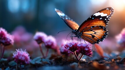 Obraz premium A delicate butterfly perched on colorful flowers, surrounded by a blurred natural background, embodying the magic of nature and the beauty of life in harmony.