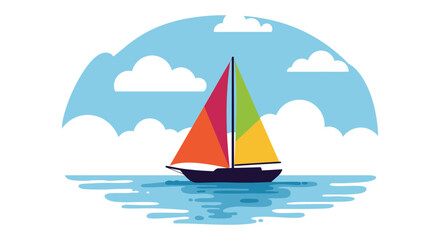 A colorful sailboat on calm waters under a sunny sky with fluffy clouds