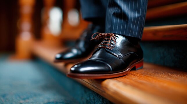 A stylish pair of black dress shoes captured classic elegance, showcasing fine leather craftsmanship, designed for formal occasions and professional attire.