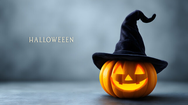 Glowing jack-o’-lantern with witch hat and text HALLOWEEN. Spooky autumn still life perfect for banners, party invitations, seasonal ads, and holiday marketing campaigns. - Powered by Adobe