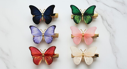 Set of colorful butterfly hair clips arranged neatly on a marble background