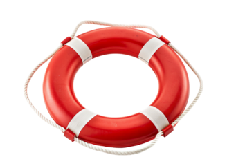 Red and white lifebuoy isolated on a solid black background for safety and security at sea