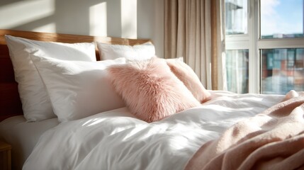 A cozy and inviting bed setup adorned with fluffy pillows and warm blankets, bathed in soft natural light, creating a serene atmosphere ideal for relaxation and comfort.