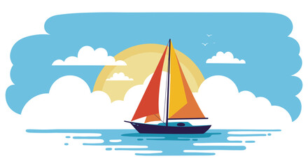 A sailboat on calm waters with sun and clouds in the background