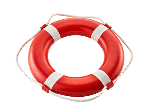 Red and white lifebuoy isolated on a solid black background for safety and security at sea