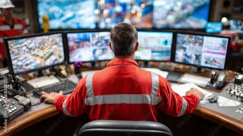 Poster control center operator: a focused operator monitors a complex system in a high-tech control center,