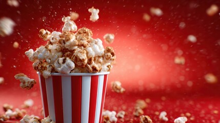 A vibrant image showcasing popcorn spilling joyfully from a classic striped red cup against a striking red background, perfect for movie nights or celebration snacks.