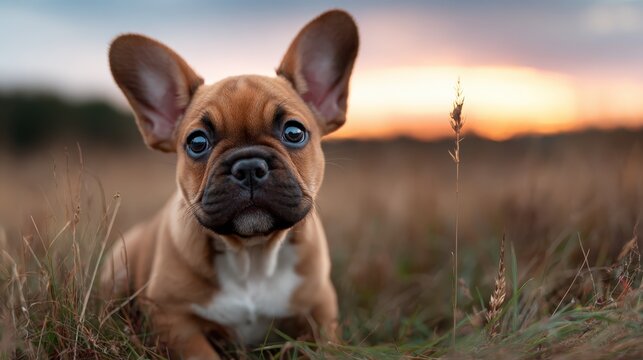 A cute French bulldog puppy poses adorably in a golden field, with soft grass framing its expressive eyes and charming features against the sunset. - Powered by Adobe