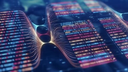 Abstract data visualization with rows of colored binary code and interconnected network strands on a dark background - Powered by Adobe