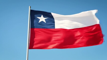 Chilean flag waving in the wind, blue sky background, star in the corner - Powered by Adobe