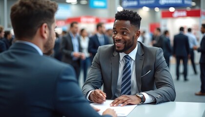 African American businessman in suit conducts job interview at career fair. Smiling recruiter talks with candidate. Busy pro setting with people networking for employment opportunities. Discussing